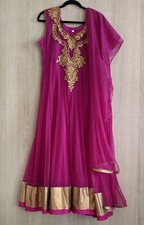NEW Indian Anarkali XL Magenta Pink Gold Net Designer Readymade Wedding Party