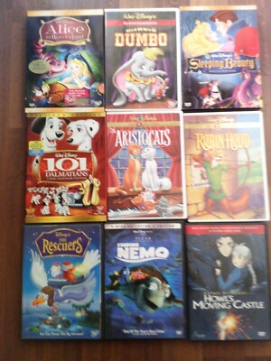 Disney DVDs- Sleeping Beauty, Dalmatians, Nemo, Rescuers, Aristocats, Alice Howl