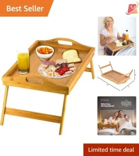 Bamboo Bed Table Tray 18x12x8 Inch Folding Legs & Handles for Eating, Working