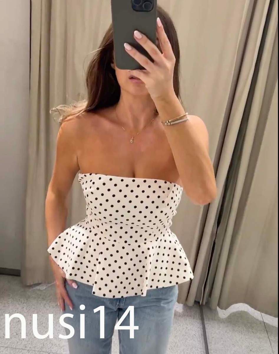 ZARA NEW WOMAN POLKA DOT STRAPLESS PEPLUM TOP ECRU BLACK XS-XXL