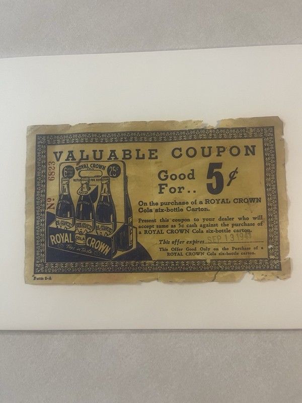 Royal Crown Cola Coupon Date 1941 ￼
