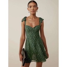 Reformation Niara Mini Dress 2 Green Floral Tie Strap Sweetheart Smocked Back