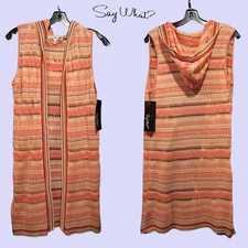 SAY WHAT? NEW Bohemian Striped Open Knit Mid-Length Hoodie Vest S