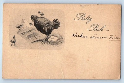 1919 Easter Chicken Hen With Newspaper Eggs Nest Swedish Tiny Sweden Postcard
