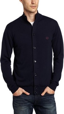 Fred Perry Men's Funnel Neck Cardigan Sweater Merino Cotton Blend Blue size L