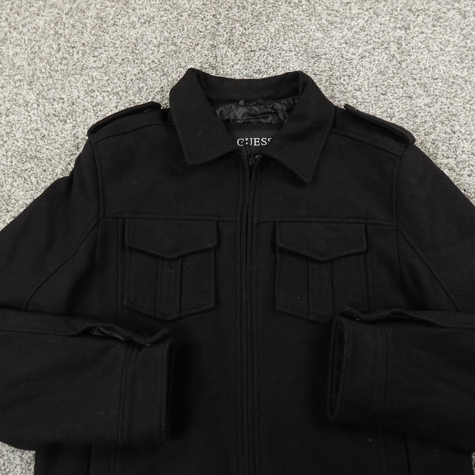 Guess Jacket Mens M Black Wool Military Quilted Lined Full Zip Heavy Coat Goth - Image 2 of 4