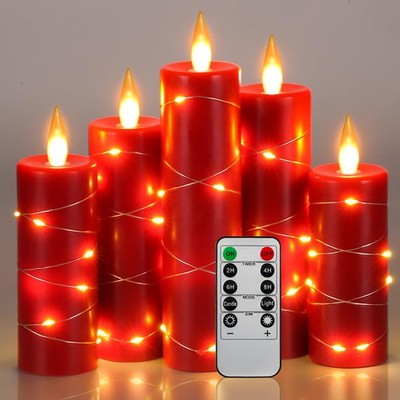 5er Pack rote flammenlose LED Kerzen mit Lichterkette, realistisch 5#rot, 