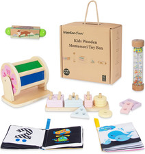 Wooden Baby Toys, 6-In-1 Newborn Learning Educational Sets Includes Mirror Spinn