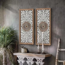 Boho Carved Wood Wall Art - Distressed Antique Floral Design Decorative Wall ...