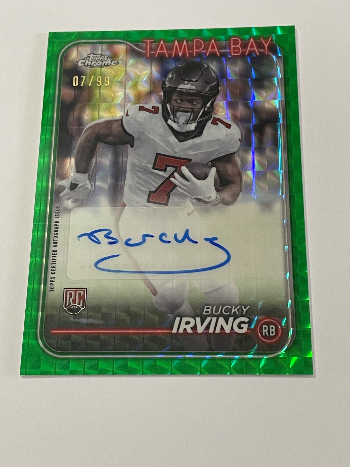 2024 Topps Chrome Bucky Irving Rookie Auto Green Geometric Refractor /99 Buccs
