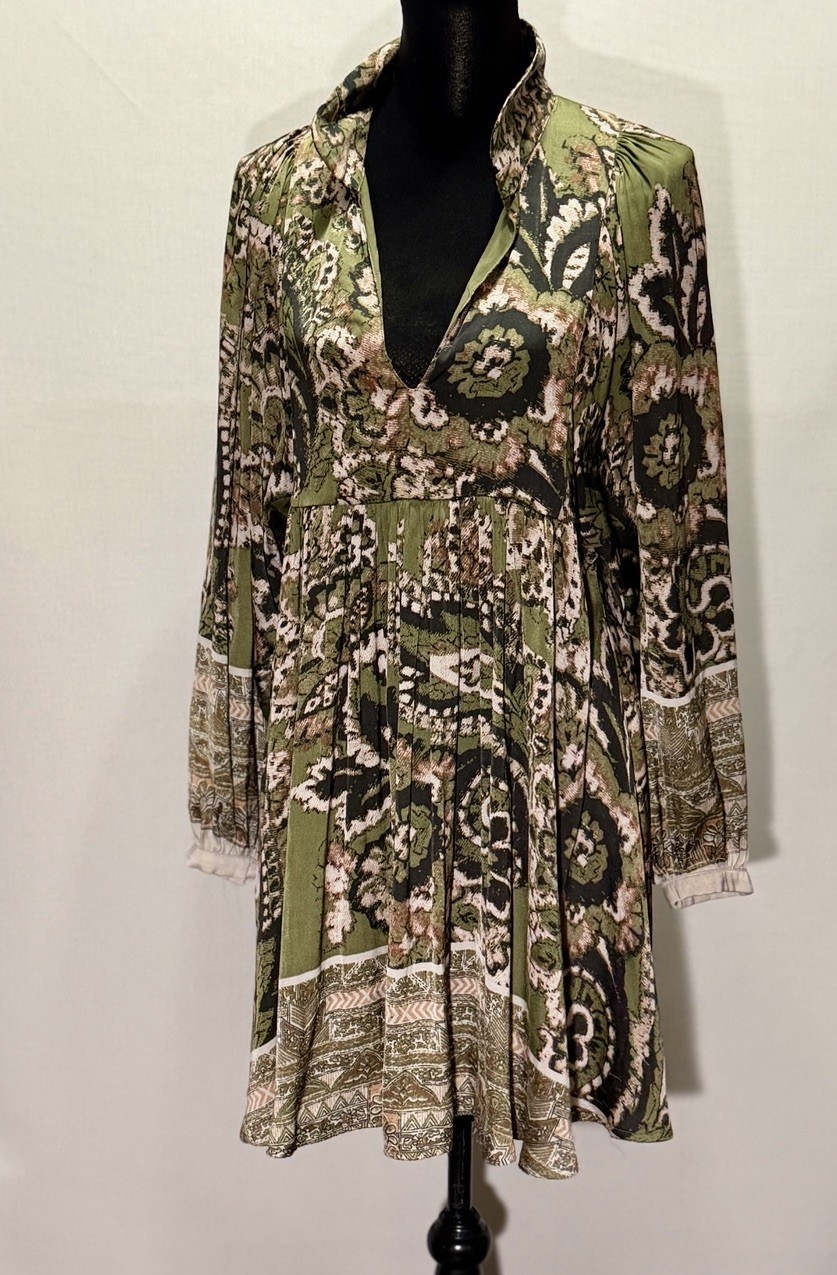 Free People Say You Love Me Mini Dress Tunic Green Paisley Boho Babydoll Sz M