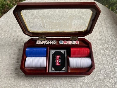 VTG Poker Set Wood Glass Box Chips Dice Sealed Cards Bicycle Etched Logo Exec