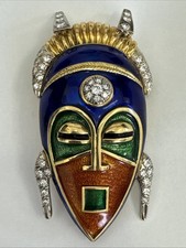 Rare 18K Yellow Gold Diamond Multi Color Enamel Mask Vintage Brooch