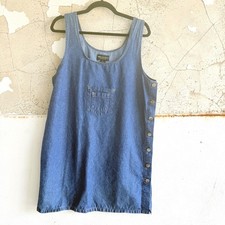 Vtg 90s Denim Jumper Dress Blue Jean Pinafore Side Button Cotton Minimalist M