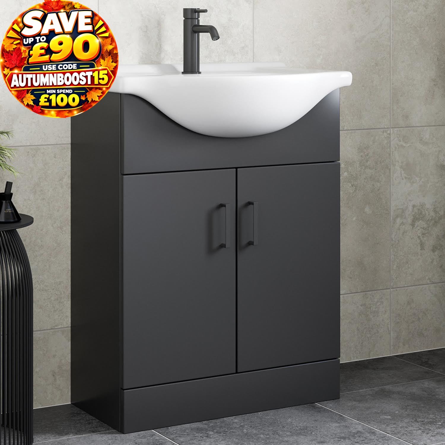 650mm Freestanding Vanity Unit with Basin Bathroom Sink Cabinet Matt Black