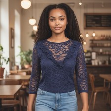 Women' Floral Stretch Lace Crop Top Size Small Lacy Back 3/4 Sleeve Ruffle Shirt