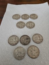 5 Walking Liberty Half Dollars  5 Franklin Half Dollars Lot Coins Are Worn 