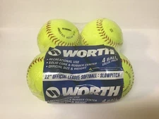 WORTH SOFTBALLS  12" NEON YELLOW OFFICIAL LEAGUE Softball: Slow pitch New 4 Pack