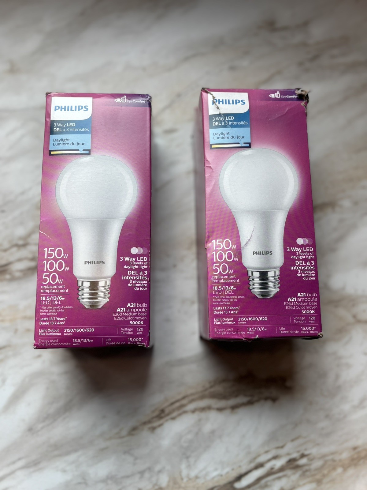 TWO Bulbs-  Philips 50 100 150W LED 3 Way Light Bulb A21 Non