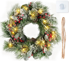 24 Inch Christmas Wreath with Lights, Large Outdoor Waterproof Christmas Wreath