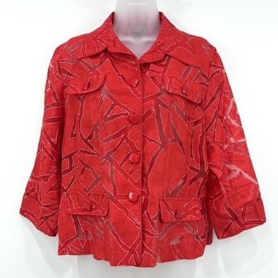 Clara Sun Woo Top Jacket Womens L Red Burnout Linen Blend Artsy Button Up Mature