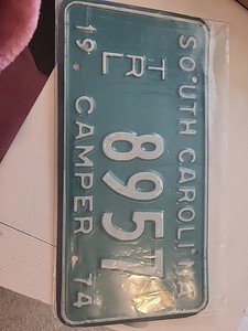 1974 South Carolina Camper License Plate. Dark Green Kept In Protective Sleeve