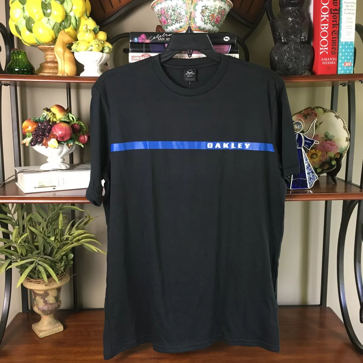 NWT Oakley Men's Size Large SINGLE STRIPE SS Tee Shirt Black Ozone Blue Stripe