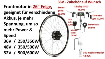 E-Bike Frontmotor in 26 Zoll 250W 350W 500W 600W 36V 48V 52V Vorderrad