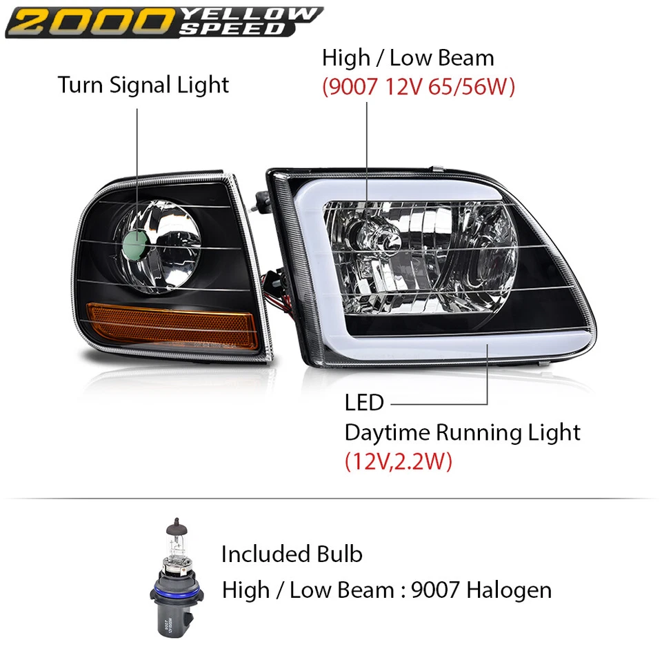 Fit For 97-04 F150 Expedition Black LED Tube Headlights & Corner Parking Lights - Image 3 of 4