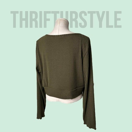 Olive Green Ribbed Knit Cropped Long Sleeve Top Casual Everyday Shirt - Picture 2 of 7