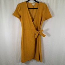 J Crew Knee Length Dress Women's XS Yellow Textured Wrap Tie Front Cotton Blend