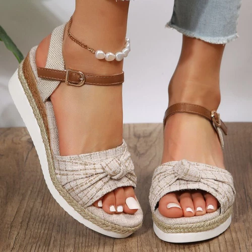 Damen Sommer Freizeit offene Zehenpartie Keilabsatz bequem Knöchelriemen Sandalen Strandschuhe - Bild 63 von 94