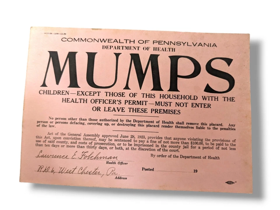 Letrero firmado por el Departamento de Salud de la Commonwealth de Pensilvania de las paperas 1923 Foto 2 de 4