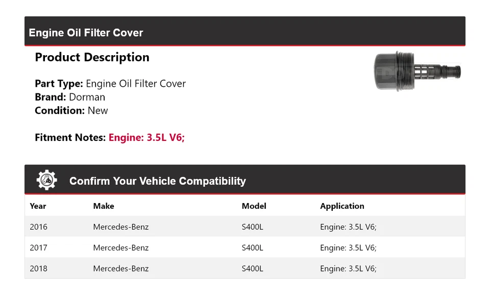 Cubierta de filtro de aceite del motor Dorman V6 3,5 L para Mercedes-Benz S400L 2016-2018 Foto 2 de 4