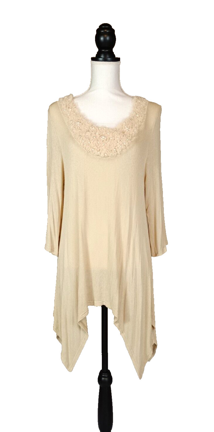 Cal Style Top Womens M Beige Tunic Pearl Studded Semi Sheer Boho Dressy Chic
