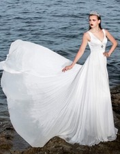 NEW WITH TAG A-Line V-Neck Chiffon Satin Wedding Dress with Beading 