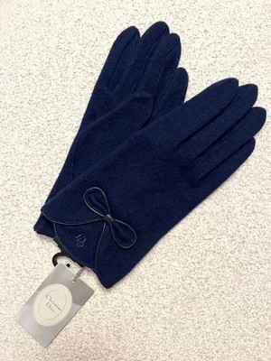 Christian Dior Womens Gloves Cashmere Navy Bow Logo Vintage Deadstock Not Used
