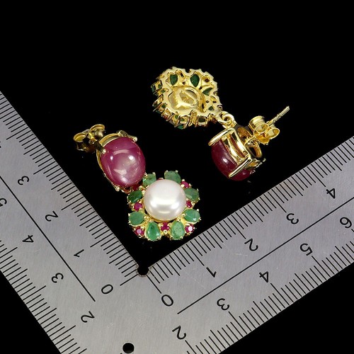 Summer 925 Silver Earrings Oval Ruby 10x8mm Emerald Pearl Gemstone Jewelry - Picture 3 of 14