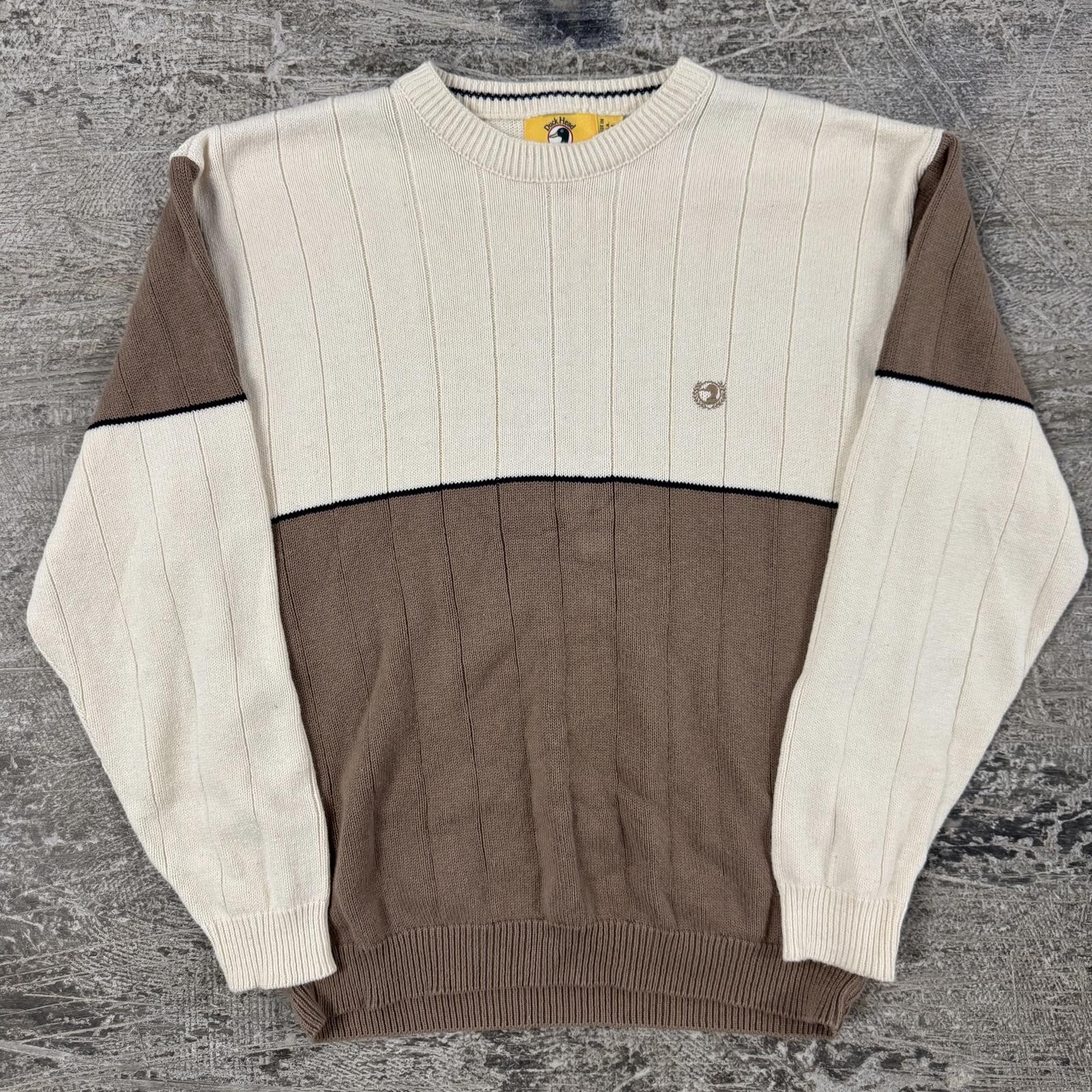 Vintage 90s Made In USA Duck Head Cream And Brown Striped Knit Sweater Size M