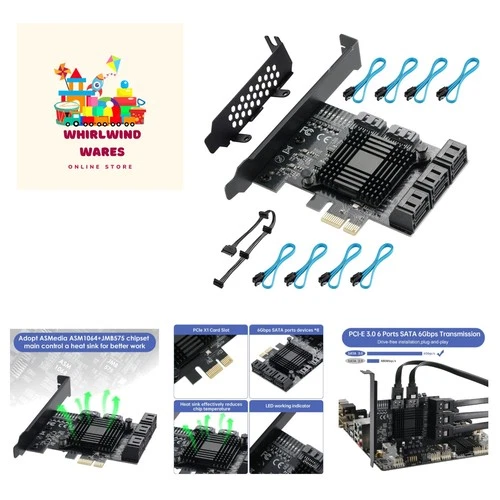 PCIE 1X SATA Card 8 Ports,with 8 SATA Cables and Low Profile Bracket, PCIE to...