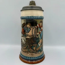 Mettlach 2500 Drunken Landsknechte 1.0L Etched Stein w/ Pewter Lid Germany