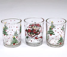 Vintage Christmas Clear Glass Votive Candle Holder x3 Bells Trees Images 2.5in