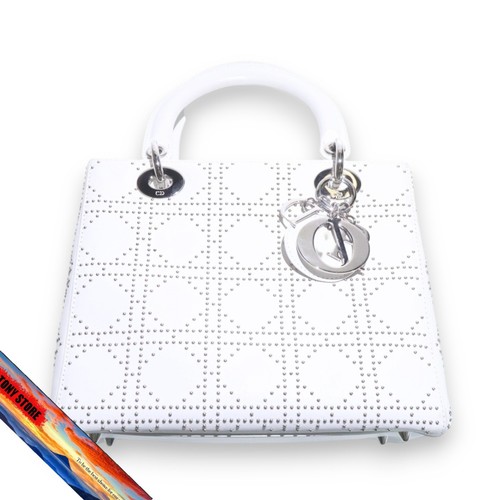 Christian Dior Lady Dior Medium 2Way Handbag White Leather Cannage Studs