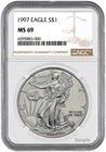 1997 SILVER EAGLE NGC MS 69  ~~ BROWN LABEL  ~~ NO SPOTS ~~ PRISTINE (X)