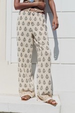 Zara Boho Chic Embroidered Rustic Pants Ecru Black Drawstring Wide Leg M 28