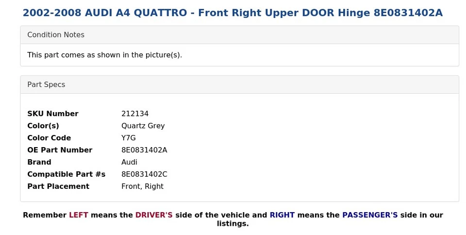 AUDI A4 QUATTRO 2002-2008 - Bisagra puerta superior delantera derecha 8E0831402A Foto 4 de 4