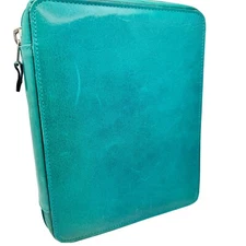 Day-Timer Turquoise Blue Leather Vtg Planner Cover 7 Ring Desk Classic Sz Zip