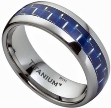 New Boxed Mens Blue Carbon Fiber Inlay Titanium Wedding Band Ring