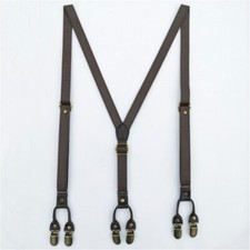Men Retro Y-Back Faux Leather Braces 2CM Adjustable Pants Suspenders 6 Clip Chic