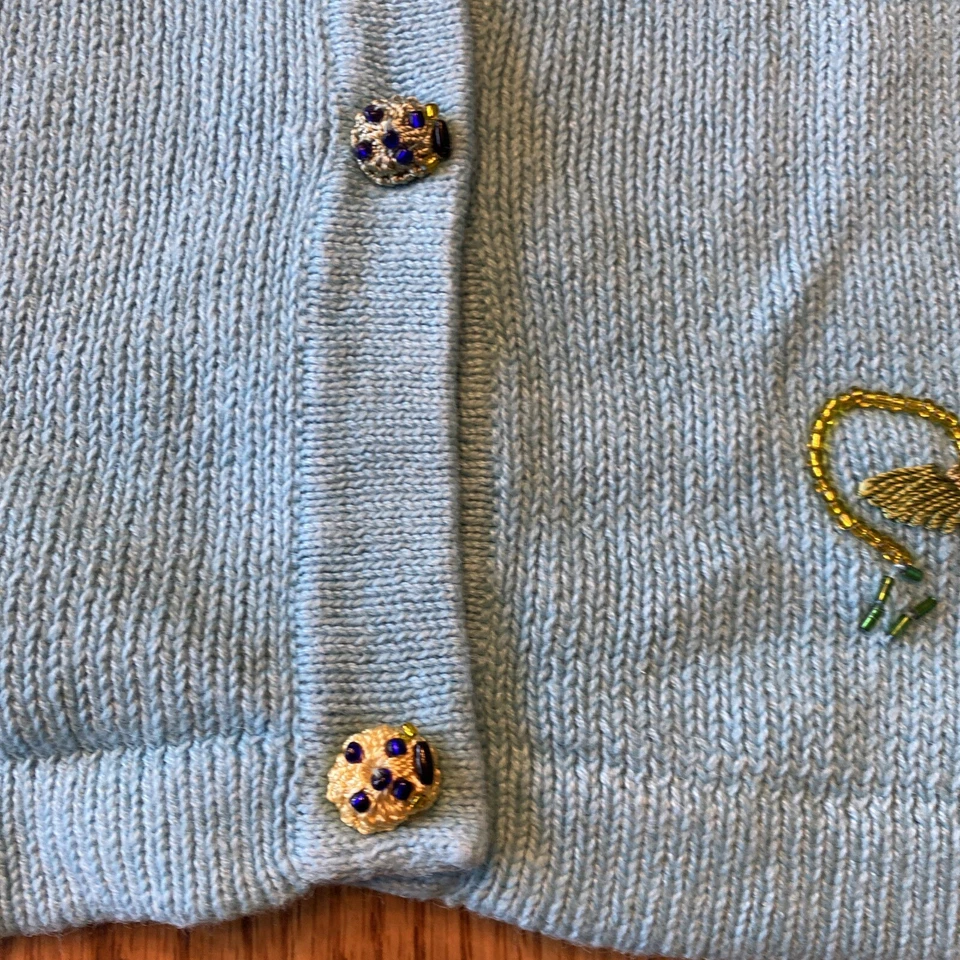 Quacker Factory Large Blue Cardigan Sweater jeweled draginflies butterfiles - Image 3 of 4